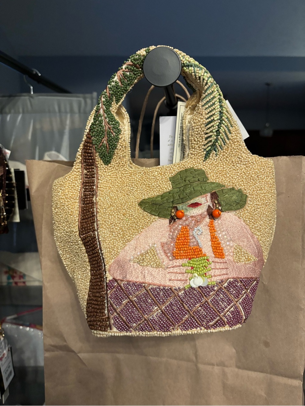 Beaded Tropical Woman Tote in Beige and Green